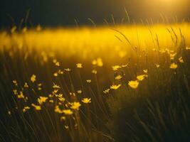 ai gerado abstrato suave foco pôr do sol campo panorama do amarelo flores e Relva Prado caloroso dourado hora pôr do sol nascer do sol tempo. tranquilo Primavera verão natureza fechar-se e borrado floresta fundo. foto