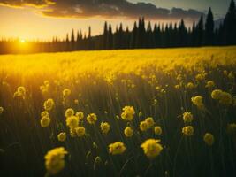 ai gerado abstrato suave foco pôr do sol campo panorama do amarelo flores e Relva Prado caloroso dourado hora pôr do sol nascer do sol tempo. tranquilo Primavera verão natureza fechar-se e borrado floresta fundo. foto