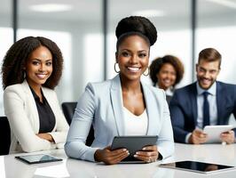 ai gerado sorridente africano americano empresária com tábua pc computador dentro escritório foto