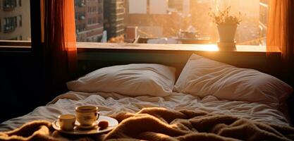 ai gerado bandeira do acolhedor manhã em a cama com flores, café e Sol raios chegando dentro a partir de janela. foto com cópia de espaço.