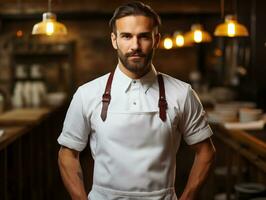 ai gerado masculino chefe de cozinha vestindo brincar do em branco esvaziar branco avental dentro a cozinha do restaurante, modelo para fazer compras branding identidade foto