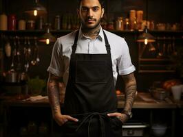 ai gerado masculino chefe de cozinha vestindo brincar do em branco esvaziar branco avental dentro a cozinha do restaurante, modelo para fazer compras branding identidade foto