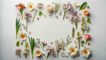 ai gerado vibrante floral arranjo em branco fundo flatlay foto