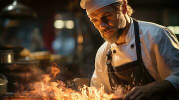 ai gerado dedicada chefe de cozinha domínio a chamas dentro intenso cozinha cena foto