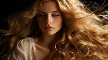 etéreo beleza com fluindo dourado cabelo dentro luz foto