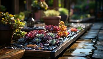 ai gerado moderno cozinha com elegante decoração, luxuoso mesa, e lindo flores gerado de ai foto