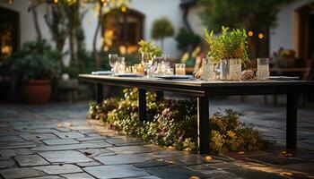ai gerado moderno cozinha com elegante decoração, luxuoso mesa, e lindo flores gerado de ai foto