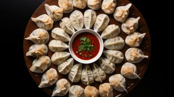 ai gerado bolinho de massa fechar-se prato cozinhou quente recheado almoço de madeira jantar refeição cozinha fresco foto