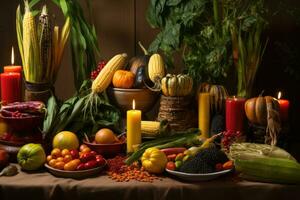ai gerado mesa de madeira natureza colheita saudável fundo laranja verde vegetariano abóbora dieta foto