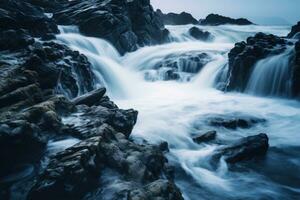 ai gerado montanha fluindo panorama natureza pedra meio Ambiente cascata cenário azul outono foto