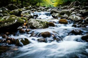 ai gerado água montanha Riacho Rocha corrente rio pedra fluindo parque natureza árvore floresta panorama foto