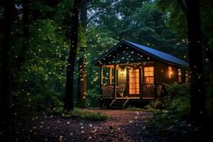 ai gerado panorama natureza madeira viagem noite arquitetura lindo cabine casa floresta verde foto