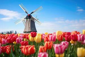 ai gerado Países Baixos ponto de referência verde natureza rural Holanda azul flores panorama céu Europa foto