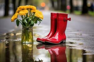 ai gerado estação Primavera vermelho chuva clima borracha molhado poça sapato outono chuteiras água calçados foto