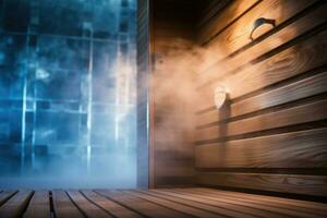 ai gerado dentro relaxamento quente sauna lazer interior assento de madeira calor temperatura saúde foto
