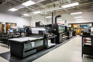 ai gerado plástico pressione fábrica oficina moderno maquinaria comercial máquina impressora fabricação foto