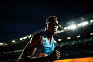 ai gerado movimento corredor rastrear corre competitivo pessoa Esportes ativo atletismo evento estádio foto