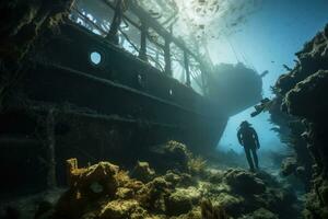 ai gerado mergulho naufrágio oceano mergulho natureza peixe profundo submarino coral mar azul aventura água foto
