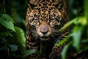 ai gerado amarelo grande retrato carnívoro predador felino ao ar livre jaguar pantera gato caçador selvagem foto