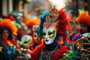 ai gerado mulher pessoa mascarar face Projeto entretenimento festa festival disfarce colorida misterioso foto