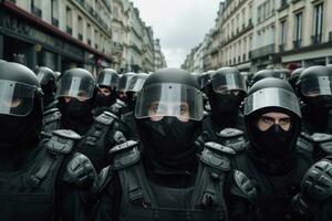 ai gerado Europa política tumulto polícia polícia demonstração protesto rua segurança França Paris foto