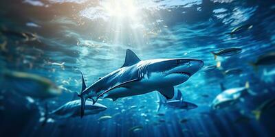 ai gerado selvagem vida debaixo água natureza ao ar livre mar oceano grande peixe azul Tubarão fundo. profundo mergulho mergulho mergulho caçador animal foto