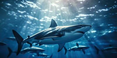 ai gerado selvagem vida debaixo água natureza ao ar livre mar oceano grande peixe azul Tubarão fundo. profundo mergulho mergulho mergulho caçador animal foto
