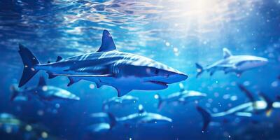 ai gerado selvagem vida debaixo água natureza ao ar livre mar oceano grande peixe azul Tubarão fundo. profundo mergulho mergulho mergulho caçador animal foto