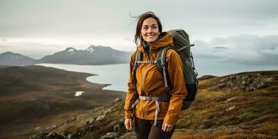 ai gerado fêmea menina mulher caminhante rastreamento natureza ao ar livre aventura explorar montanha panorama viagem exploração motivação. gráfico arte foto