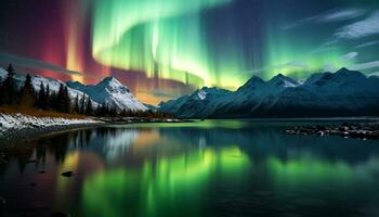 ai gerado majestoso montanha pico reflete tranquilo pôr do sol sobre água gerado de ai foto