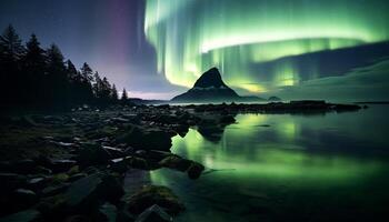 ai gerado majestoso montanha pico reflete tranquilo pôr do sol sobre água gerado de ai foto