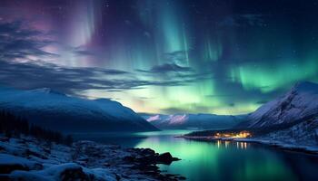 ai gerado majestoso montanha pico reflete estrelado noite dentro tranquilo ártico panorama gerado de ai foto