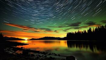 ai gerado majestoso montanha pico reflete estrelado noite dentro tranquilo ártico panorama gerado de ai foto