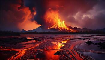 ai gerado brilhando fogueira entra em erupção, Derretendo aço dentro natureza fogosa inferno gerado de ai foto