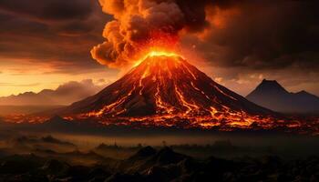 ai gerado brilhando fogueira entra em erupção, Derretendo aço dentro natureza fogosa inferno gerado de ai foto