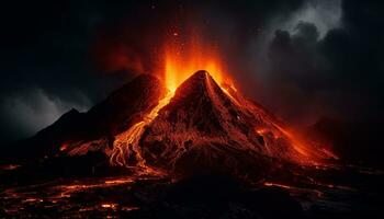 ai gerado brilhando fogueira entra em erupção, Derretendo aço dentro natureza fogosa inferno gerado de ai foto