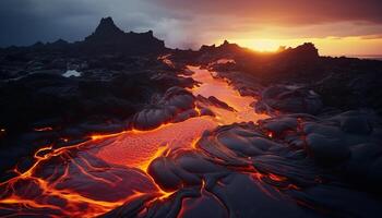 ai gerado brilhando fogueira entra em erupção, Derretendo aço dentro natureza fogosa inferno gerado de ai foto