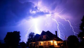 ai gerado brilhante azul céu, Sombrio silhueta árvore, vibrante relâmpago parafuso gerado de ai foto