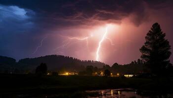 ai gerado brilhante azul céu, Sombrio silhueta árvore, vibrante relâmpago parafuso gerado de ai foto