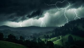 ai gerado brilhante azul céu, Sombrio silhueta árvore, vibrante relâmpago parafuso gerado de ai foto