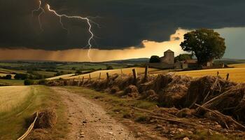 ai gerado dramático céu, Sombrio noite, trovoada, majestoso montanhas, molhado Relva gerado de ai foto