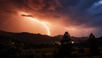 ai gerado dramático céu, Sombrio noite, trovoada, majestoso montanhas, molhado Relva gerado de ai foto