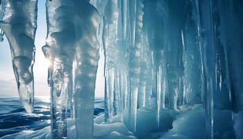 ai gerado frescor do inverno refletido dentro transparente gelo cristal padrões gerado de ai foto