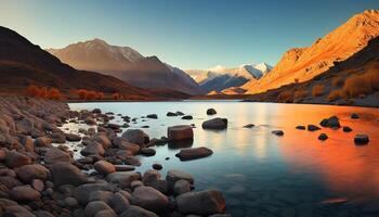 ai gerado majestoso montanha pico reflete dentro tranquilo água, natureza beleza gerado de ai foto