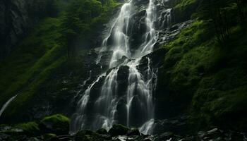 ai gerado majestoso cascata fluindo através tropical floresta tropical, uma tirar o fôlego aventura gerado de ai foto