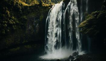 ai gerado majestoso cascata fluindo através tropical floresta tropical, uma tirar o fôlego aventura gerado de ai foto