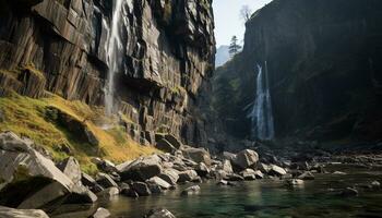 ai gerado majestoso montanha faixa, fluindo água, tranquilo cena, natureza beleza gerado de ai foto