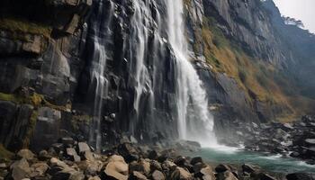 ai gerado majestoso montanha faixa, fluindo água, tranquilo cena, natureza beleza gerado de ai foto