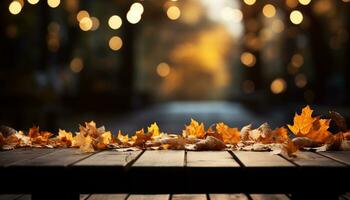 ai gerado outono folha em velho de madeira mesa, natureza rústico decoração gerado de ai foto