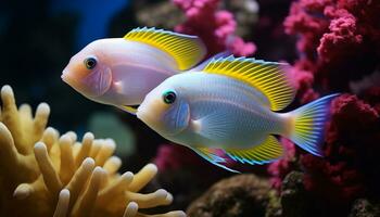 ai gerado vibrante palhaço peixe nadar abaixo a colorida coral recife gerado de ai foto